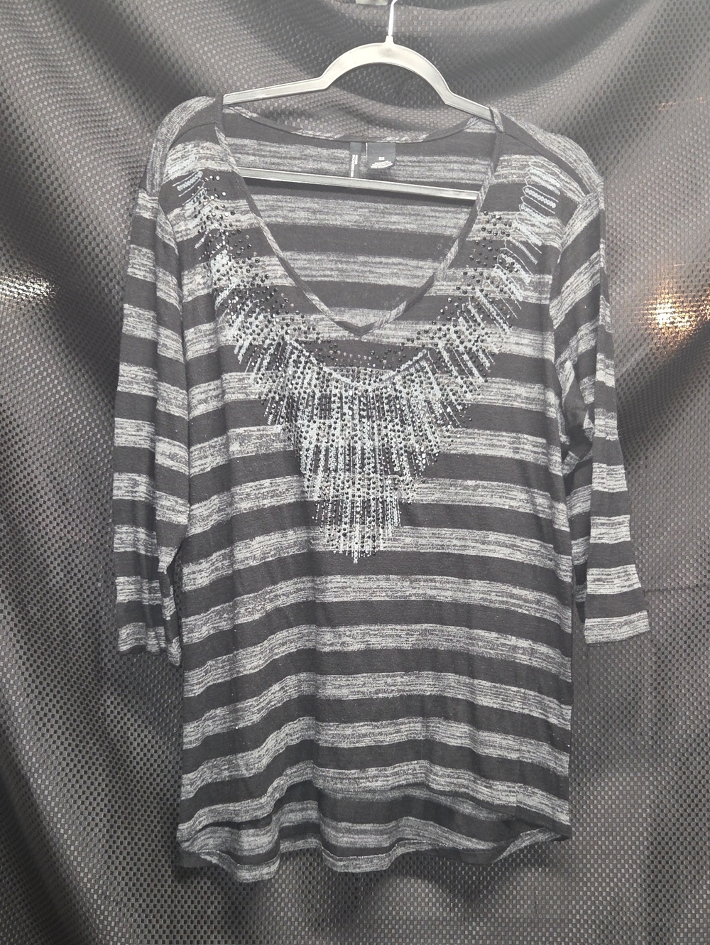 Gray & Black Striped Women's Scoop Neck Top with Beaded Detail